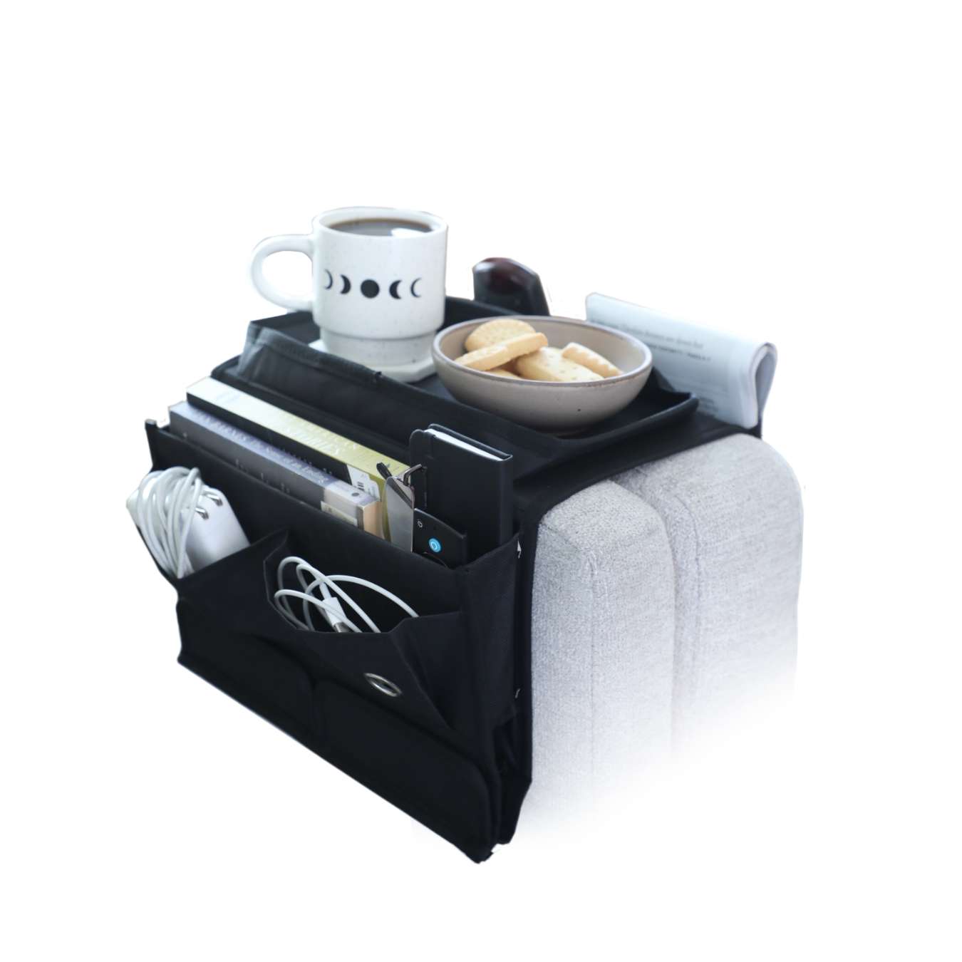 View Couch Potato Caddy 6Pocket Sofa Organiser Pocket For Phone Charger Snack Tray On Top Save Space High Street TV information