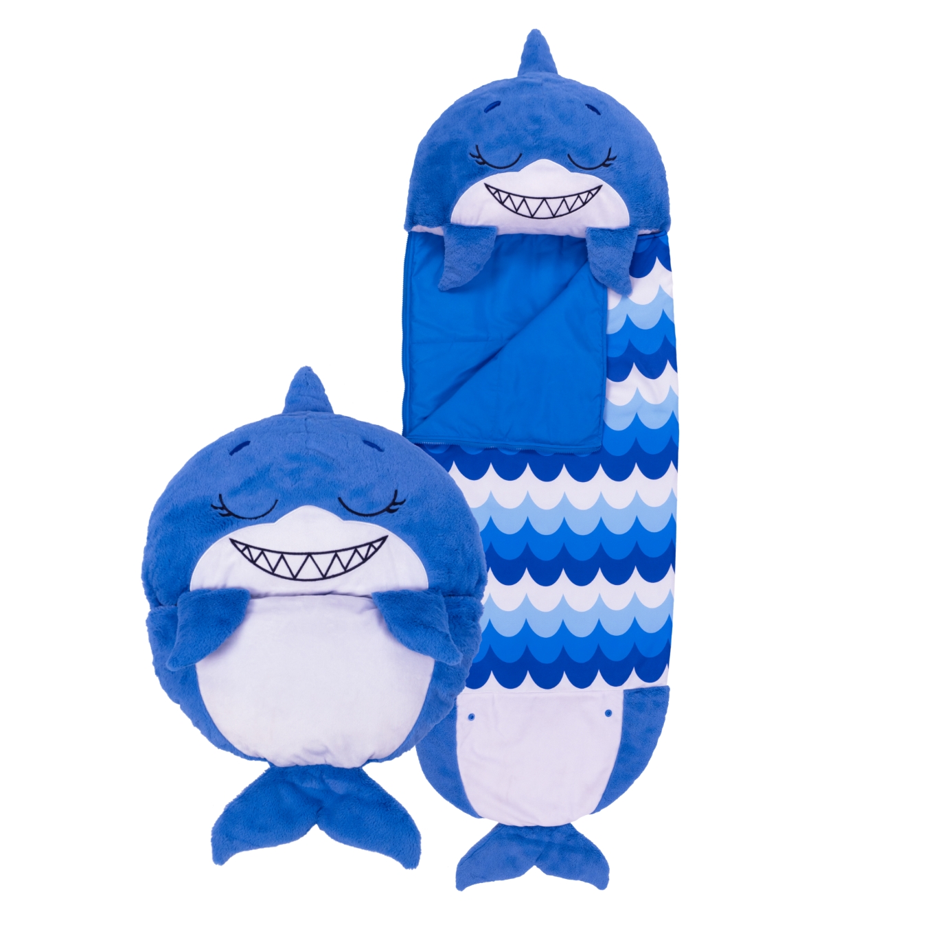 View Happy Nappers Blue Shark Medium Ages 3 to 6 Plush Toy That Opens To A Fun Sleeping Bag High Street TV information