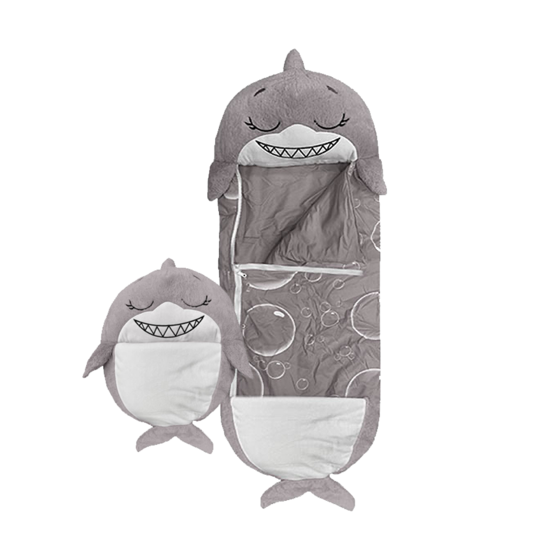 View Happy Nappers Grey Shark Medium Ages 3 To 6 Plush Toy That Opens To A Fun Sleeping Bag High Street TV information