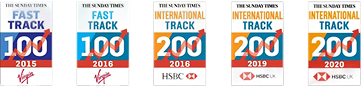Set of five logos from The Sunday Times International Track 100, 200, and 250 awards for years 2015 to 2020.